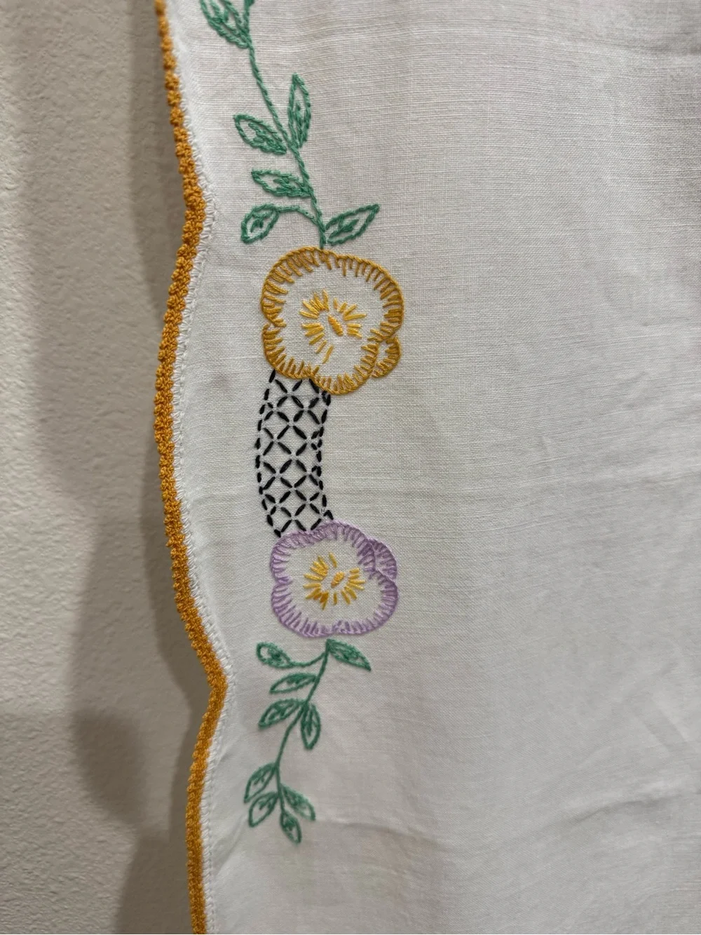Vintage Embroidered Floral Dresser Scarf Table Runner Crochet Trim 40x17